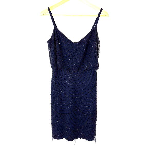 Adrianna Papell - Beaded Sequined Navy Cocktail Dress - Women's Size 4 - New - Picture 1 of 9
